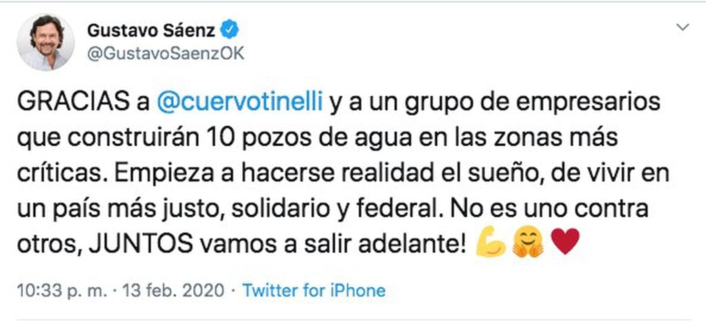 Twitt de Gustavo Sáenz anunciando la participación de Marcelo Tinelli.