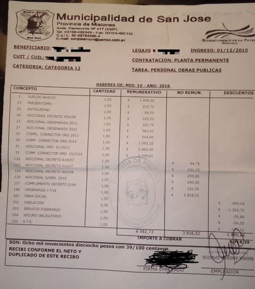 Recibo de sueldo municipal de San José. (Foto: Primera Edición)