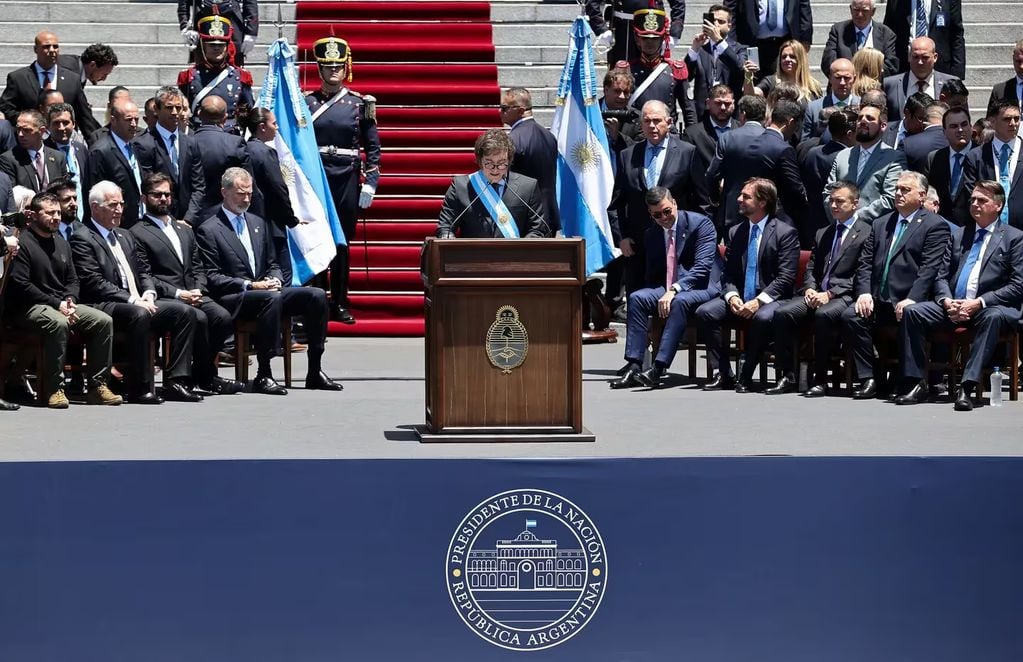 Javier Milei en su primer discurso como presidente.