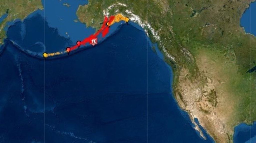 Mapa de la zona a la que se refiere la alerta por tsunami emitida por Estados Unidos tras un terremoto de 7,8 con epicentro al sur de Alaska. (DPA)