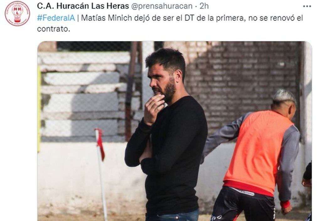 Huracán Las Heras confirmó que Matías Minich no seguirá siendo el técnico.