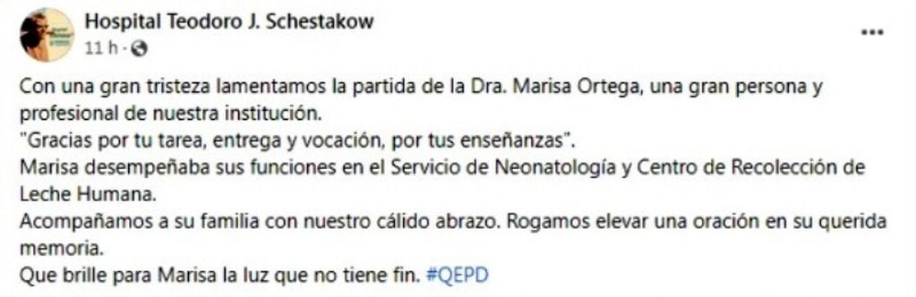 La despedida en redes sociales de Marisa Ortega.