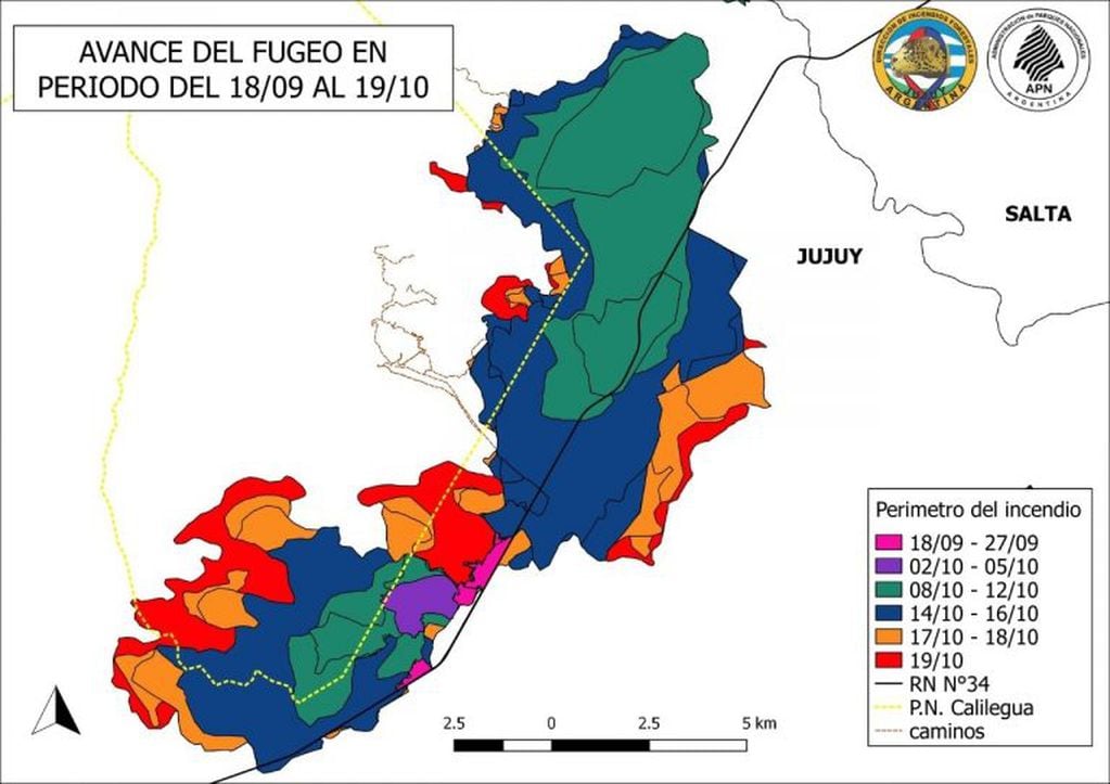 Mapa provisto por autoridades del Parque Nacional Calilegua que muestra el avance del fuego en la región de las Yungas.