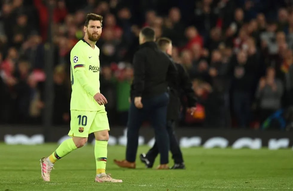 Barcelona's Argentinian striker Lionel Messi reacts after losing the UEFA Champions league semi-final second leg football match between Liverpool and Barcelona at Anfield in Liverpool, north west England on May 7, 2019. (Photo by Oli SCARFF / AFP)