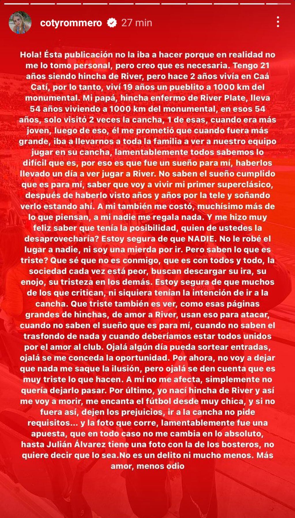 El comunicado completo de Coti Romero frente a los hinchas de River Plate y su comparación con Julián Álvarez.