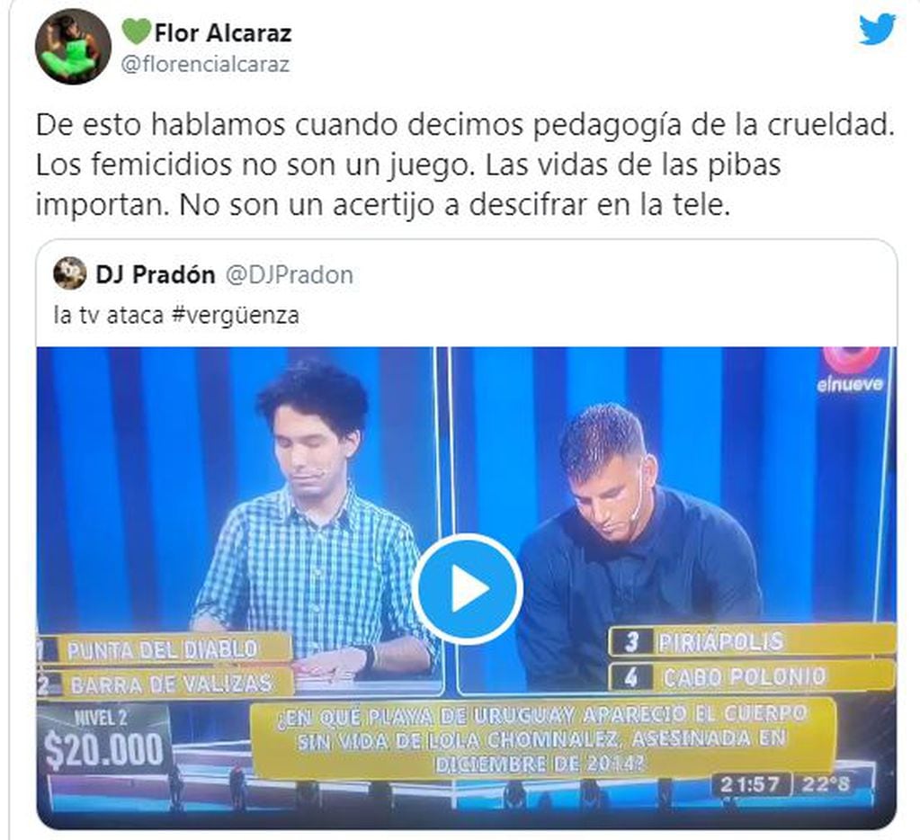 El tweet de Flor Alcaraz sobre la polémica pregunta de Leo Montero en su programa.