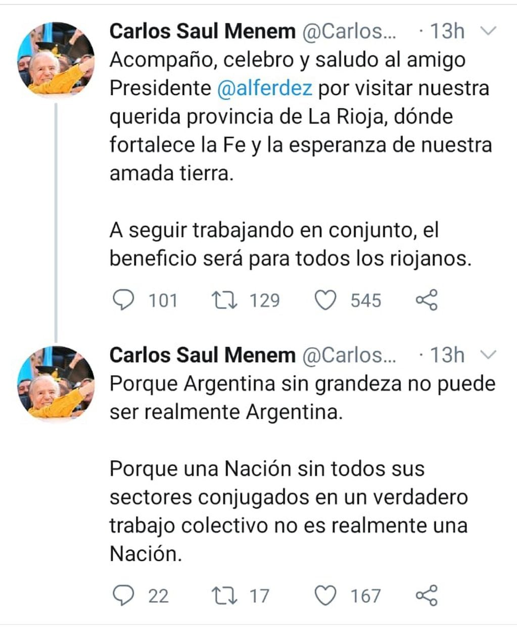 Los últimos tweets de Carlos Menem (Foto: Captura)