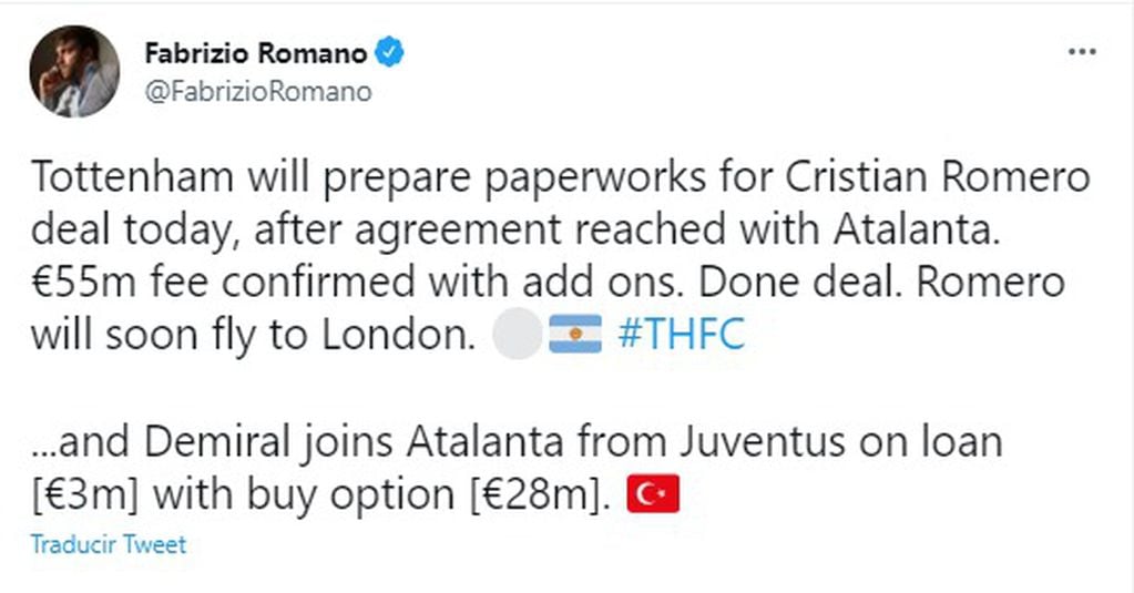 El periodista especializado, Fabrizio Romano, ya da por hecho el pase del Cuti Romero al Tottenham.