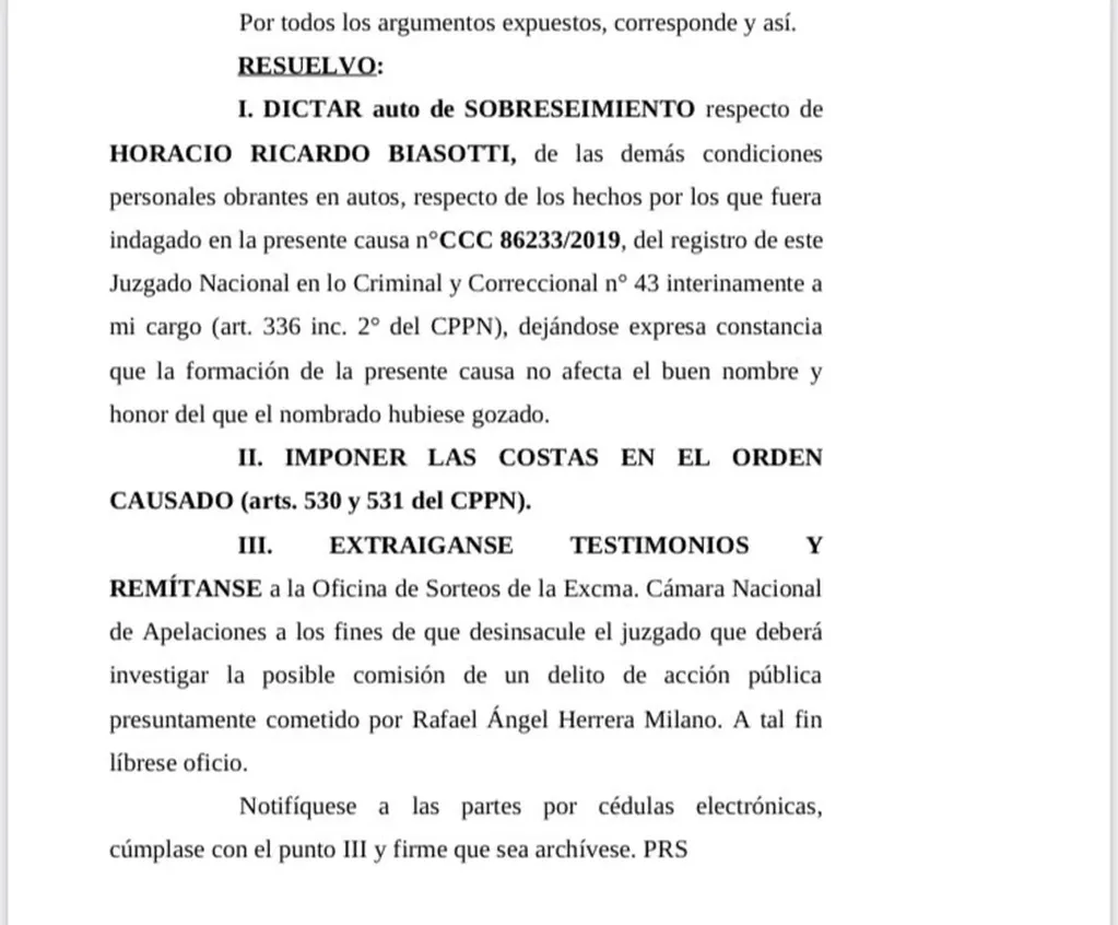 La resolución sobre Ricardo Biasotti.
