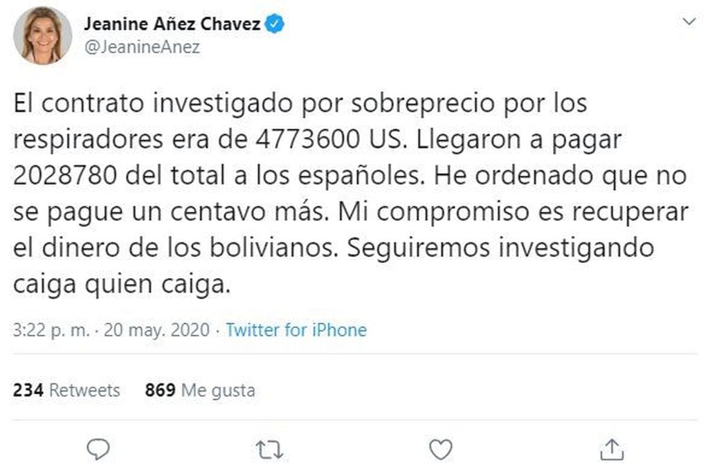 Detuvieron al ministro de Salud de Bolivia por la compra de respiradores con sobreprecios. (Twitter)
