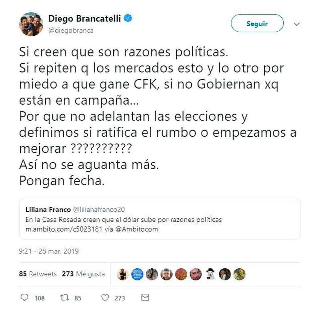 Diego Brancatelli le pidió a Mauricio Macri que adelante las elecciones (Foto: captura Twitter)