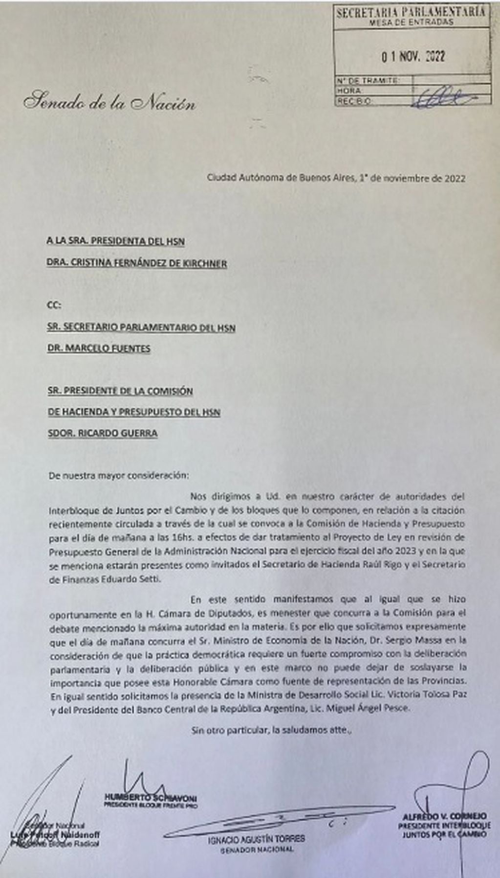La carta de los senadores de la oposición a Cristina Kirchner.
