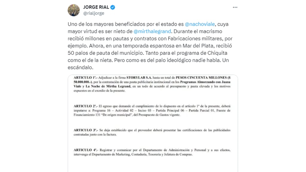 El tweet de Jorge Rial contra Nacho Viale y Mirtha Legrand.