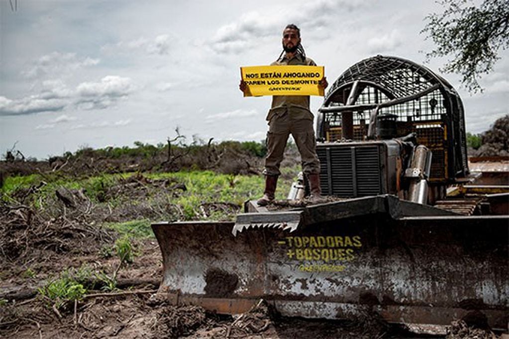 Imagen archivo. Activista de Greenpeace sobre una topadora con la consigna: "Nos están matando paren los desmontes".