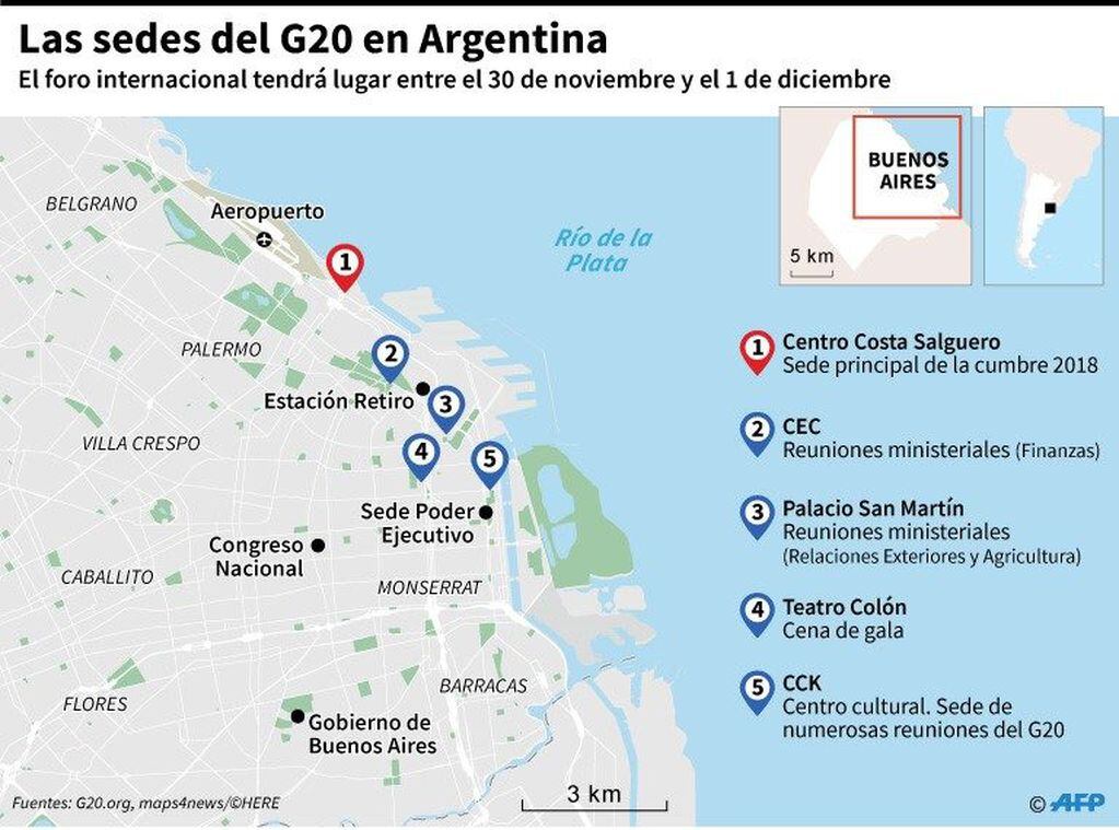 Mapa de Buenos Aires localizando las sedes de la cumbre del G20 en Argentina - AFP / AFP