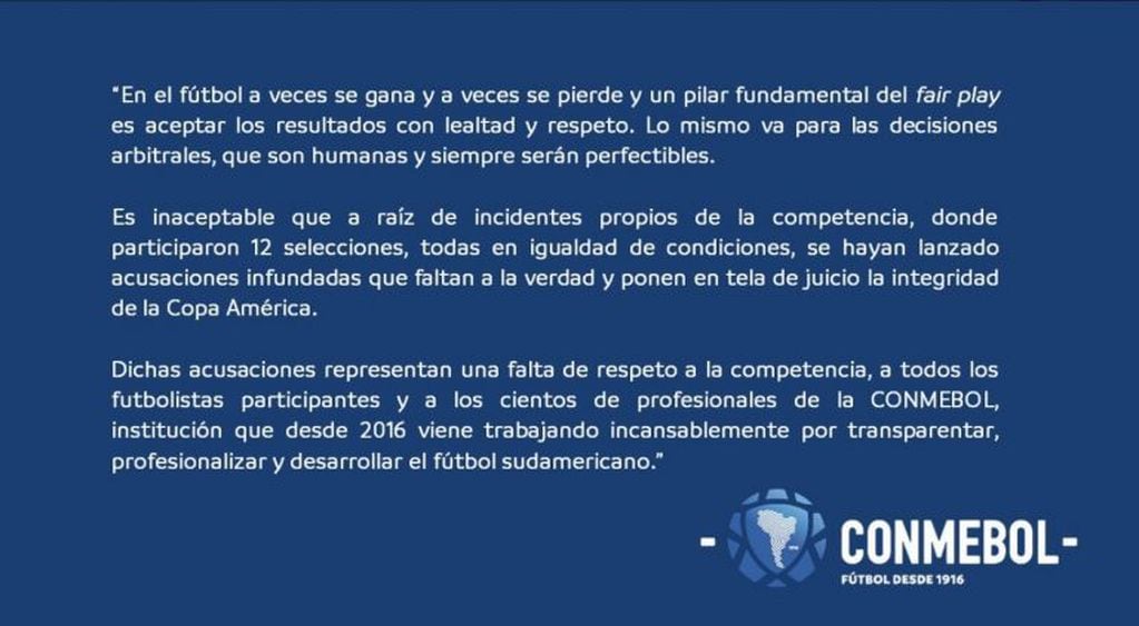 El comunicado oficial que lanzó la Confederación Sudamericana de Fútbol este sábado.