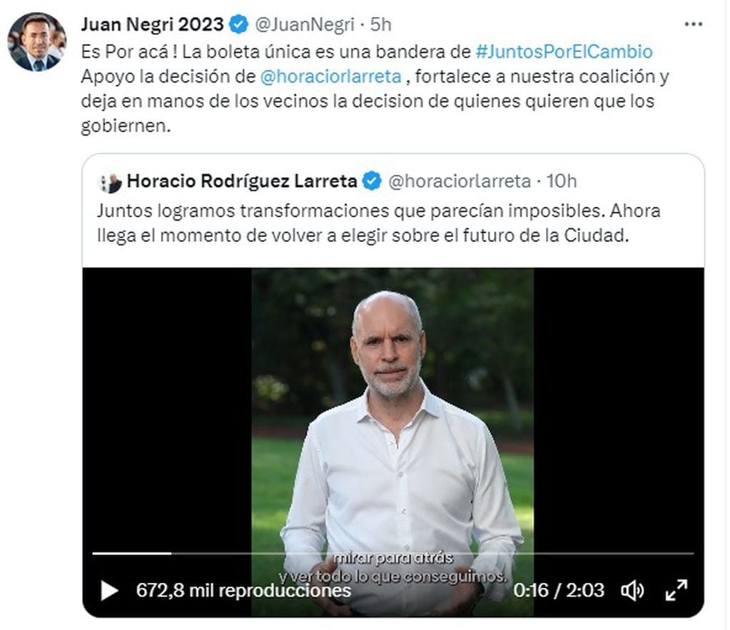 Juan Negri, quien se postula como candidato en la ciudad de Córdoba, también apoyó a Rodríguez Larreta.