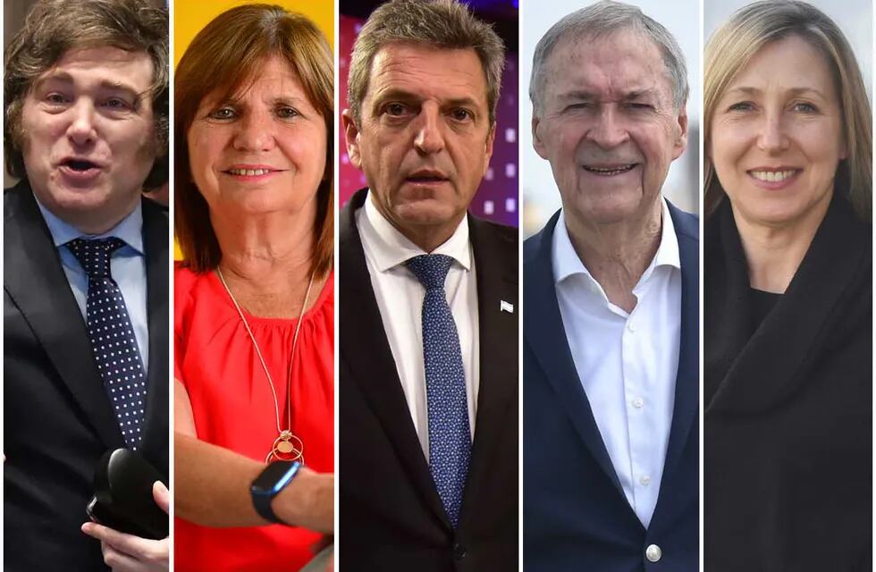 Elecciones 2023: los cinco candidatos a presidente que competirán en las generales: Javier Milei, Patricia Bullrich, Sergio Massa, Juan Schiaretti y Myriam Bregman. (La Voz)