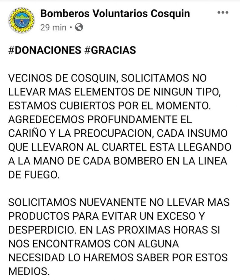 Mensaje difundido desde el Cuartel de Bomberos Voluntarios de Cosquín.
