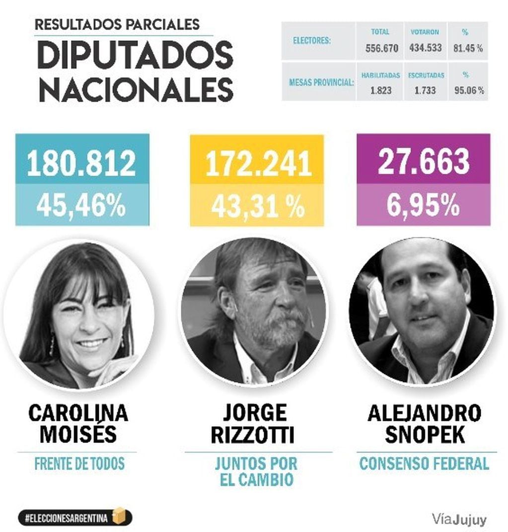 Con los guarismos registrados esta noche, Carolina Moisés, Julio Ferreyra y Jorge Rizzotti fueron elegidos diputados nacionales en Jujuy.