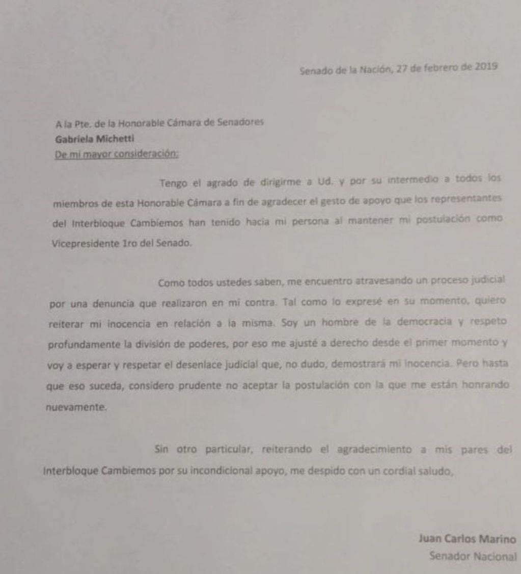 La carta de renuncia que le envió Juan Carlos Marino a Gabriela Michetti. (Fuente: @gonzaloaziz)