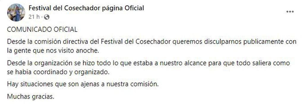 Comunicado de la Comisión del festival del Cosechador por la actuación del Chaqueño Palavecino.