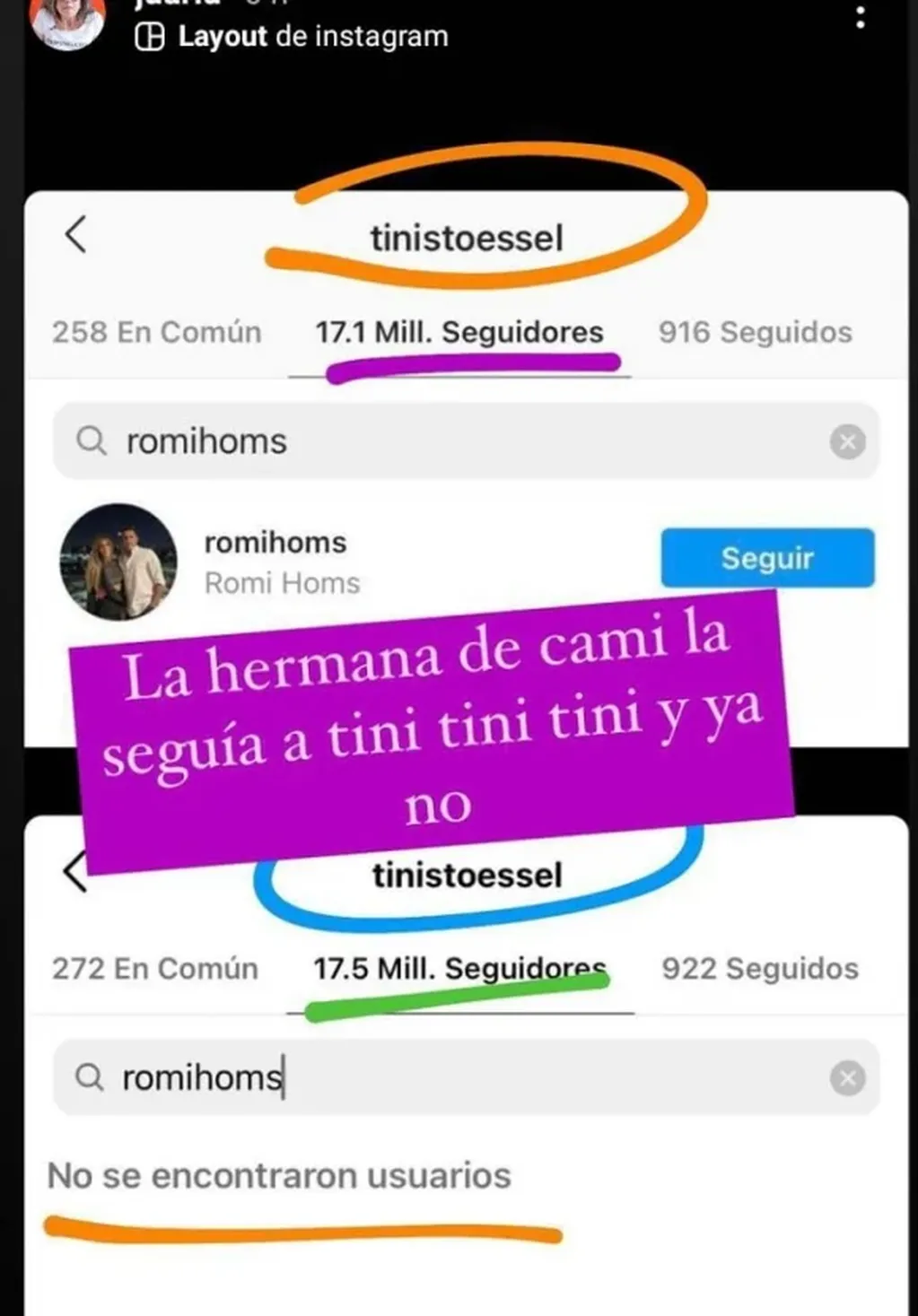 La mamá y la hermana de Camila Homs dejaron de seguir a Tini en Instagram.