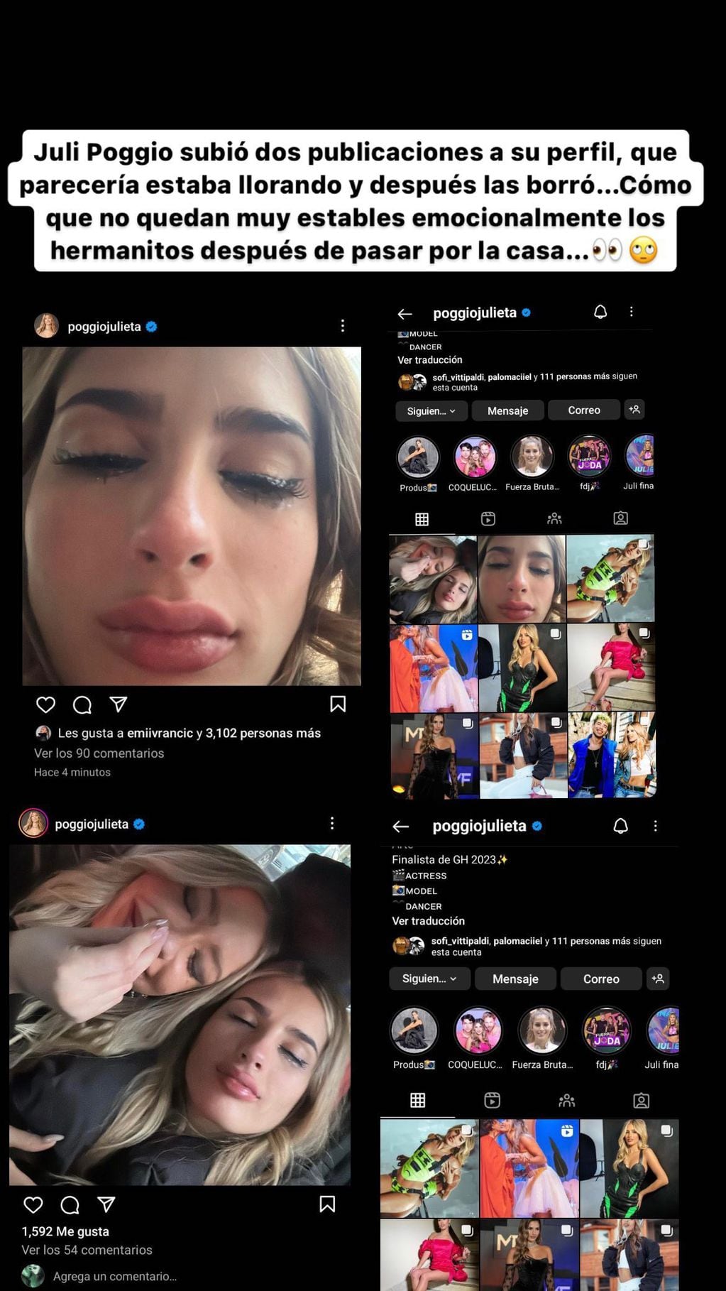 Pochi de Gossipeame detectó las dos fotos de Julieta Poggio llorando