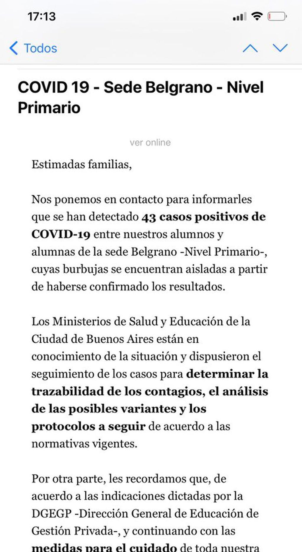 Fragmento del comunicado de las autoridades de ORT, ante el brote de Covid de varios alumnos.