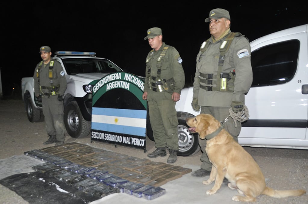 El binomio cinotécnico -el can antinarcóticos “Limón” y su tutor- junto al cargamento de cocaína descubierto en octubre pasado en Pampa Blanca.