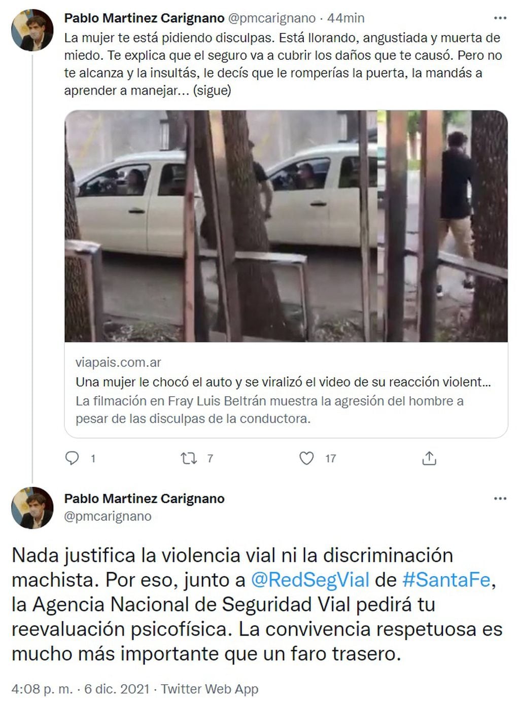 El director de la ANSV repudió la reacción del conductor al que filmaron en Fray Luis Beltrán.
