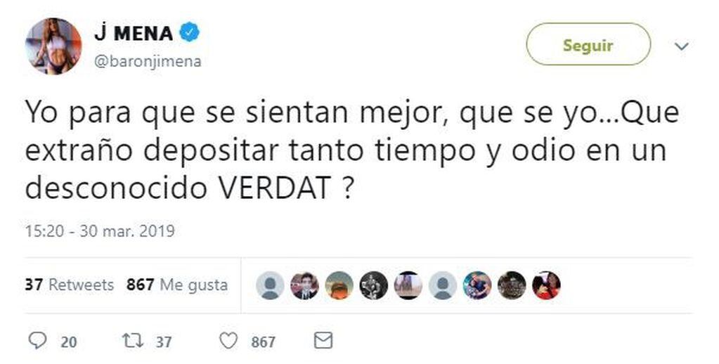 Jimena Barón contra sus haters (Fuente: Twitter)