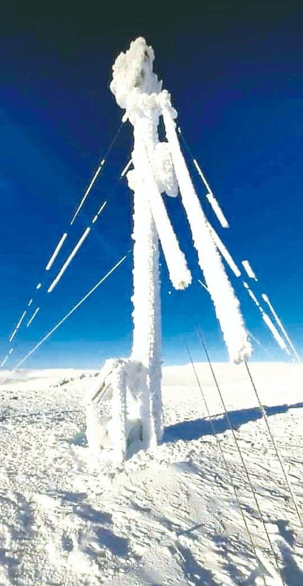 La antena, congelada y cubierta de nieve.