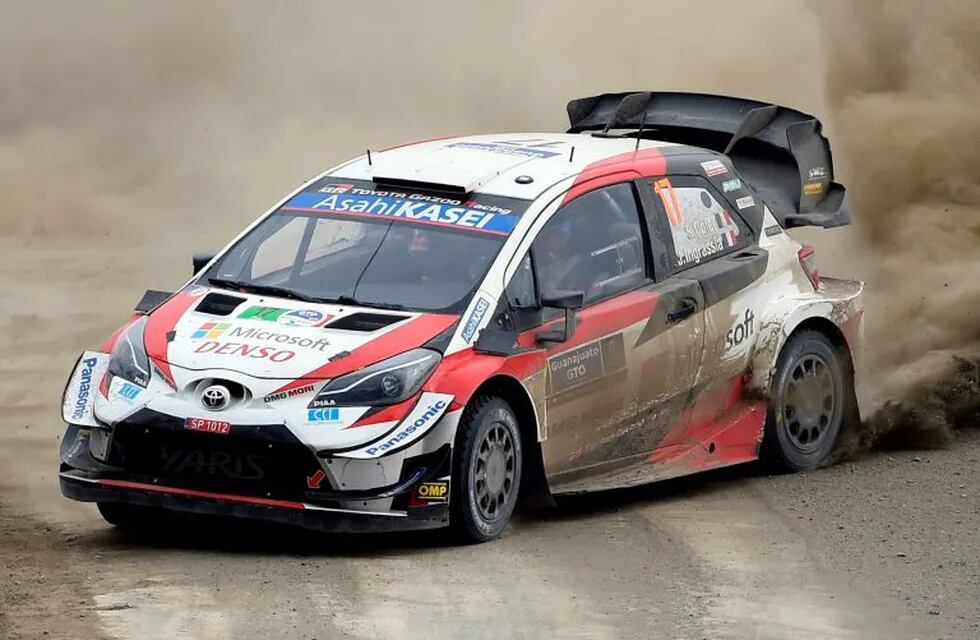 French rally driver Sebastien Ogier and French co-driver Julien Ingrassia of the Toyota Yaris WRT drive, compete during the fourth stage of the FIA World Rally Championship in Leon, Guanajuato State, Mexico on March 14, 2020. - The organizers of the WRC with the Mexican authorities tooke the decision to end the Leon Rally today due to coronavirus. (Photo by ALFREDO ESTRELLA / AFP)