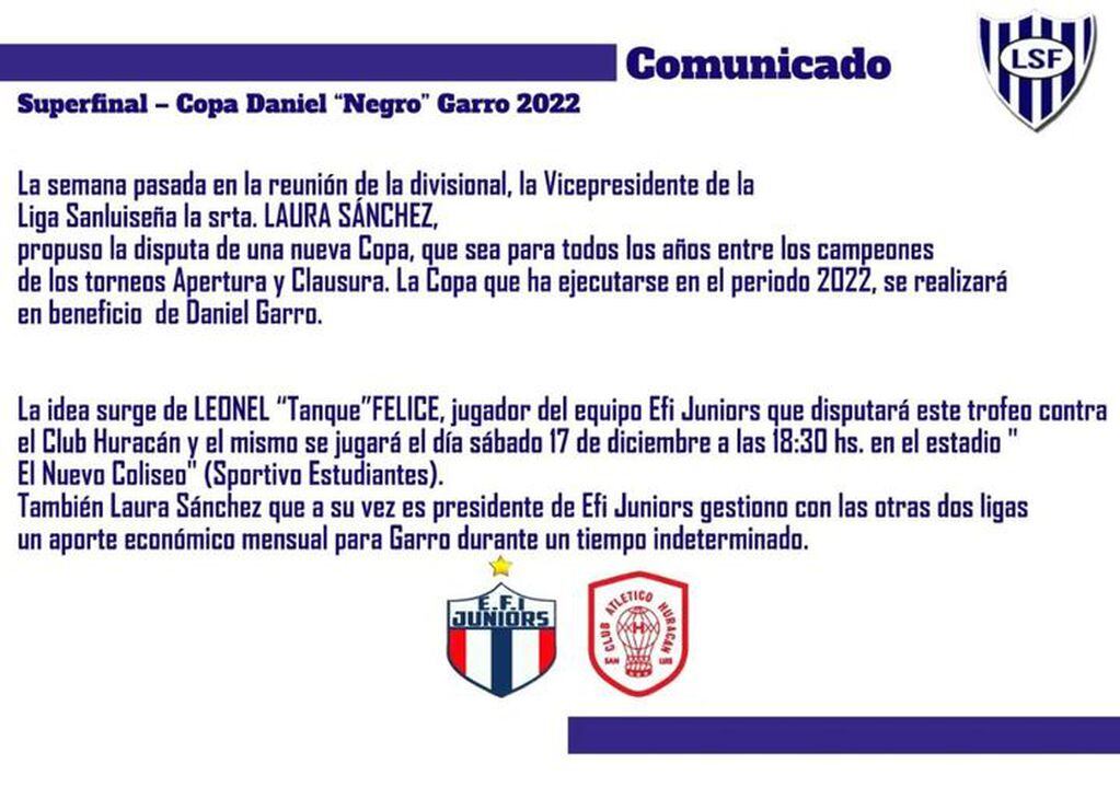 Comunicado de la Liga Sanluiseña de Fútbol.