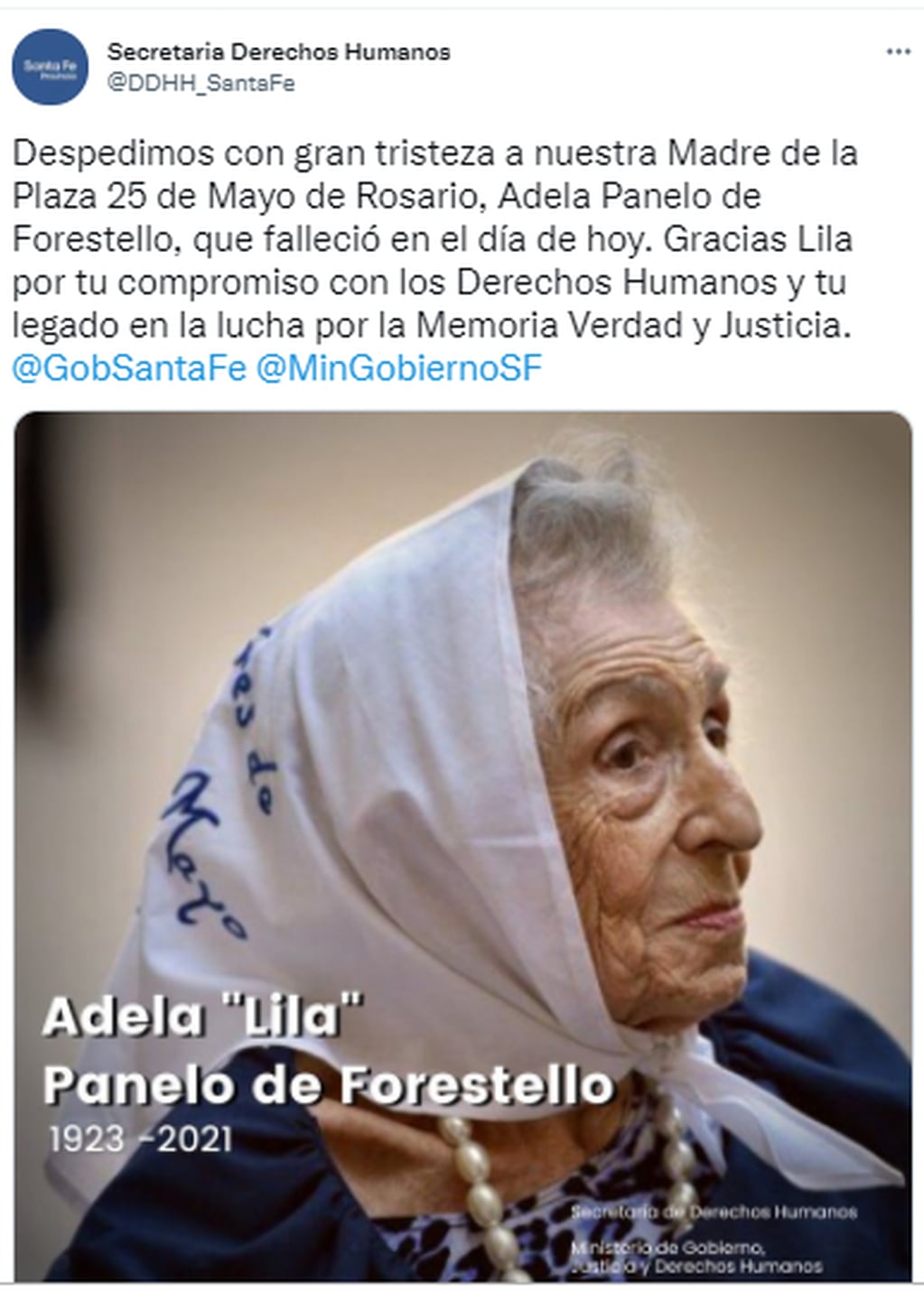 Murió Lila, la última integrante de Madres de Plaza de Mayo de Rosario