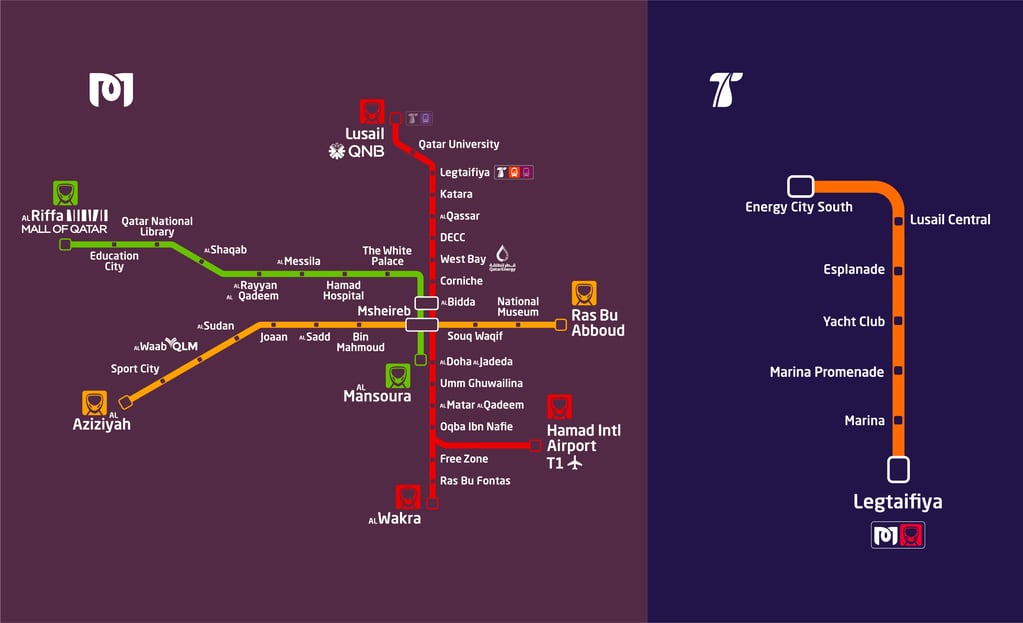 Hay tres líneas de metro. Una de ellas, la roja, se une con el Tram en la estación Legtaifiya.