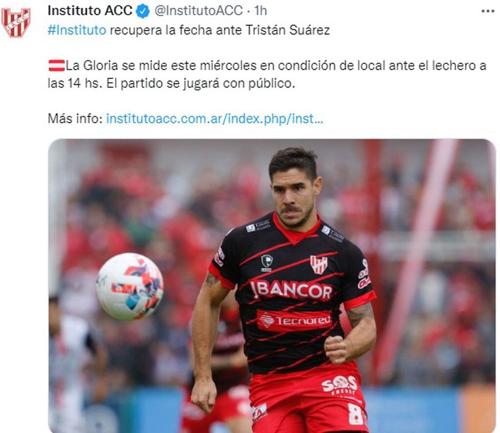 Instituto recupera ante Tristán Suárez el partido suspendido. A las 14 este miércoles.