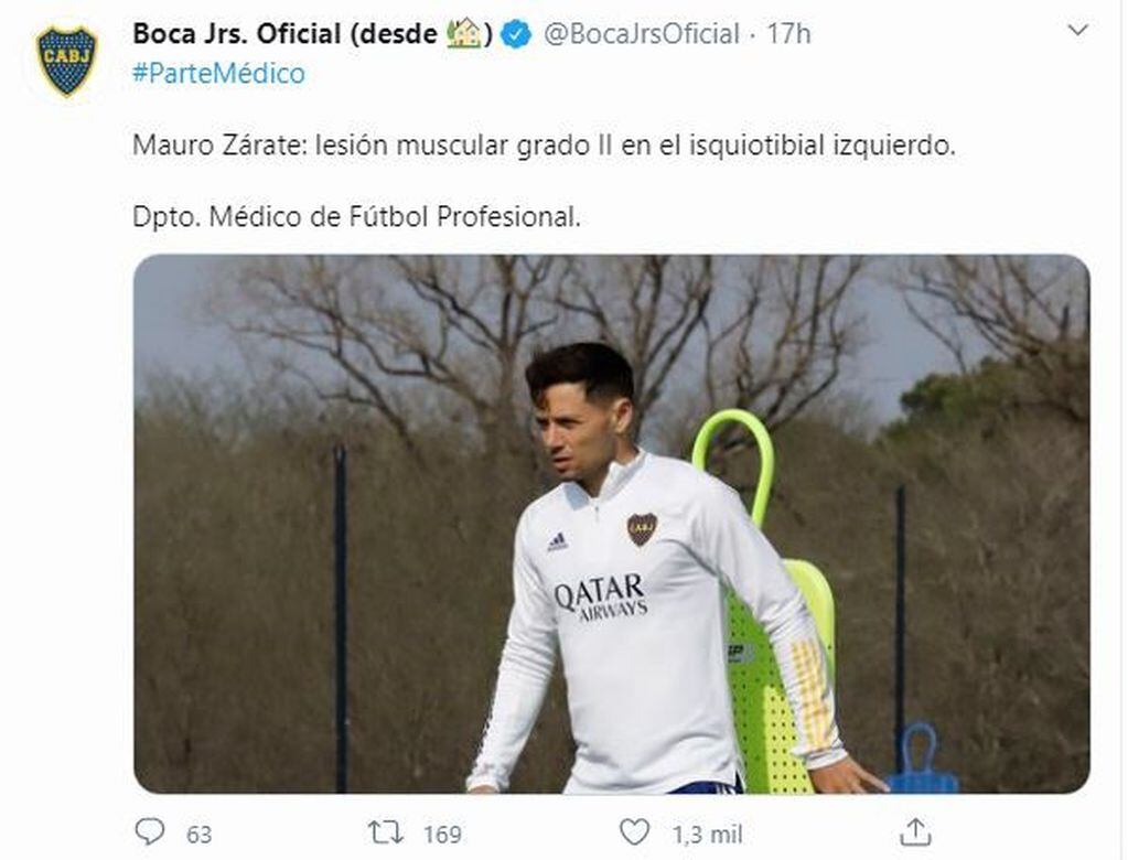 Boca confirmó la lesión de Mauro Zárate. (Twitter)
