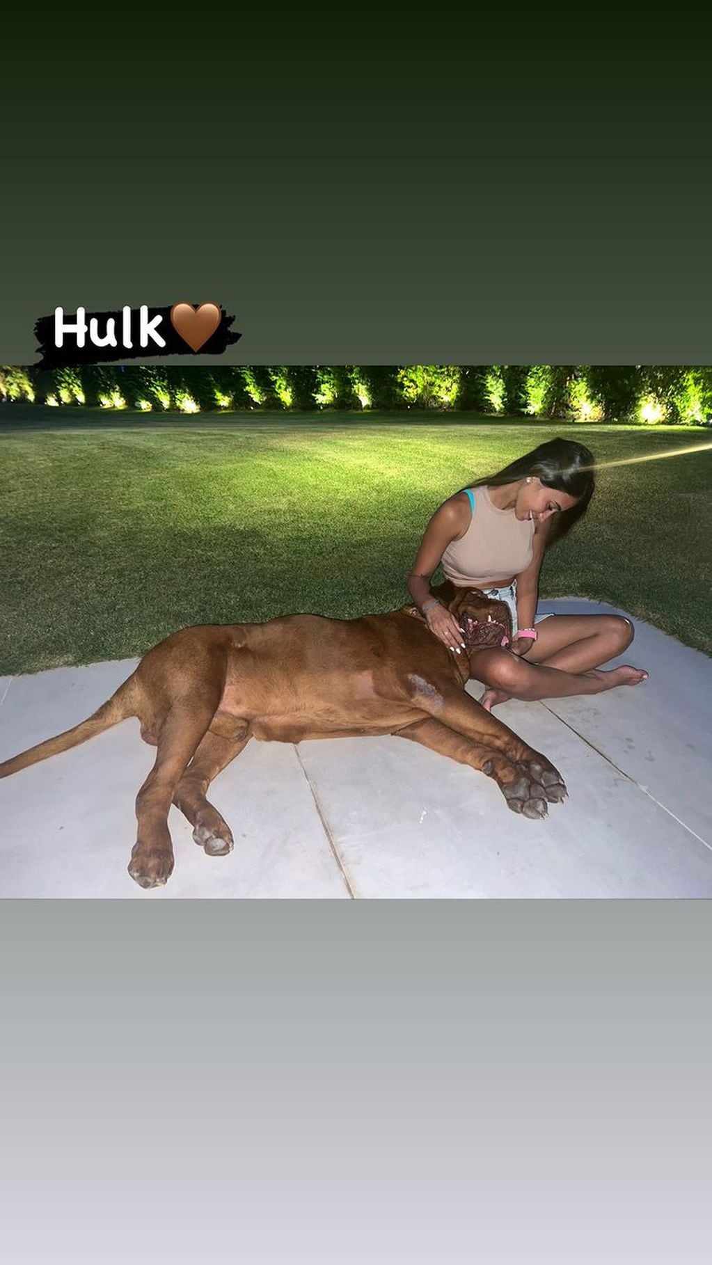 Antonela Roccuzzo compartió una foto junto a Hulk, uno de los perros de su familia.