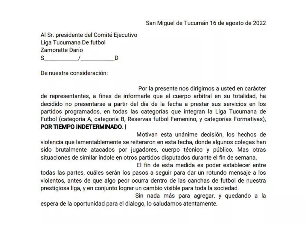 Los árbitros paran en Tucumán. El comunicado oficial.