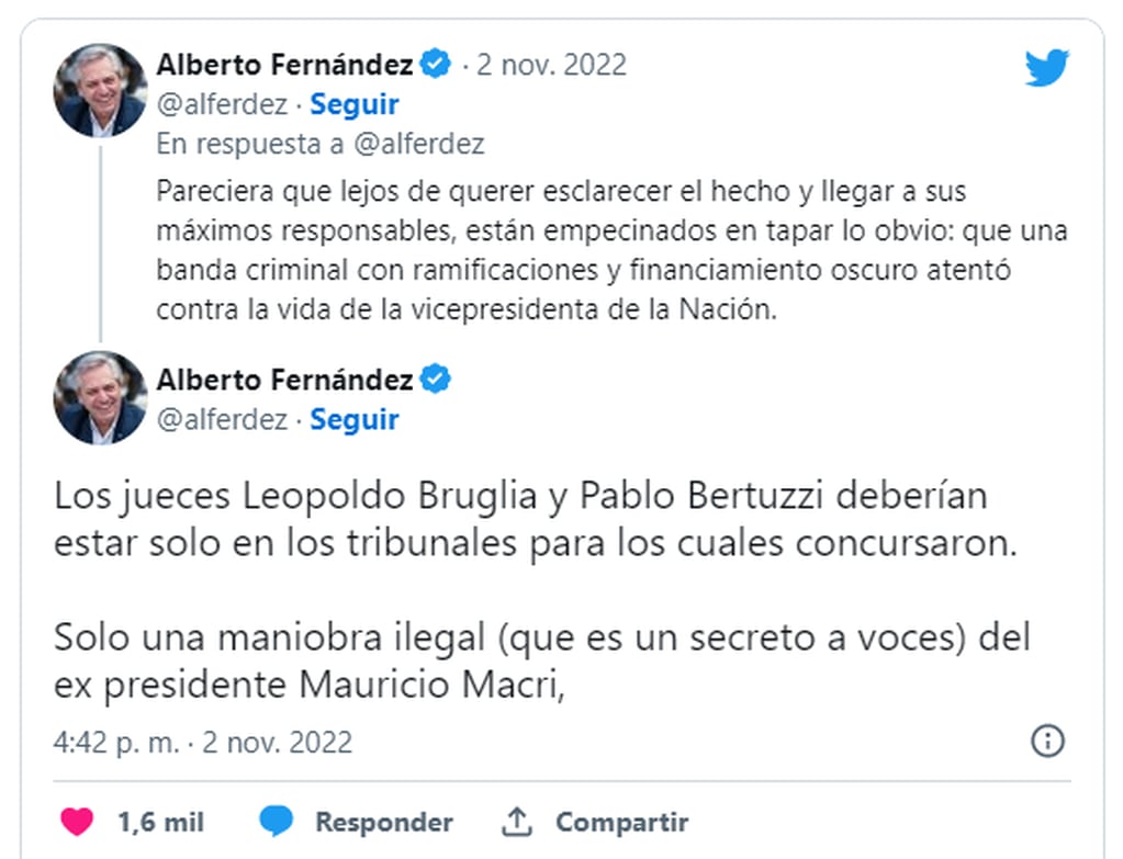 Los tuits de Alberto Fernández contra el juez Leopoldo Bruglia.