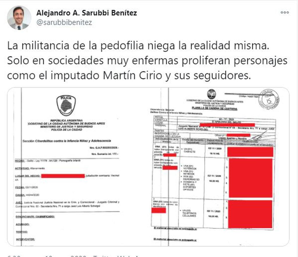 Los tweets publicados por el abogado Alejandro Sarubbi sobre el allanamiento a la casa de Martín Cirio.