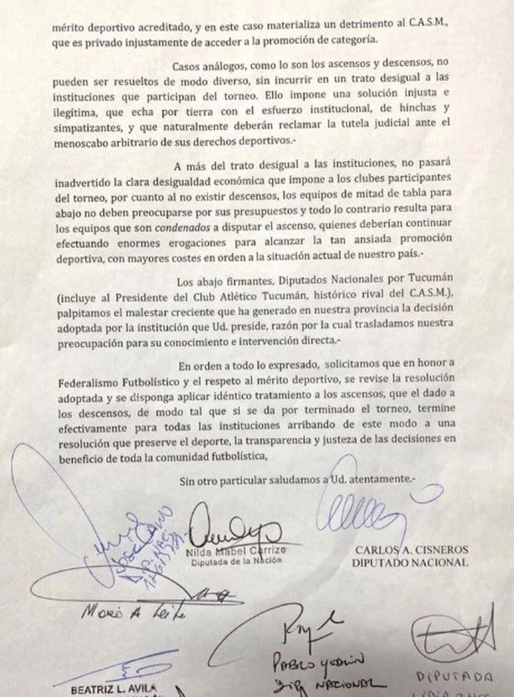 Carta de los Diputados de Tucumán a Claudio Tapia, presidente de la Asociación del Fútbol Argentino (Twitter: @JCanoOK)