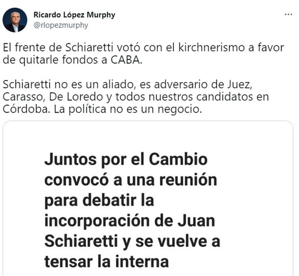 Ricardo López Murphy y su mensaje en Twitter.
