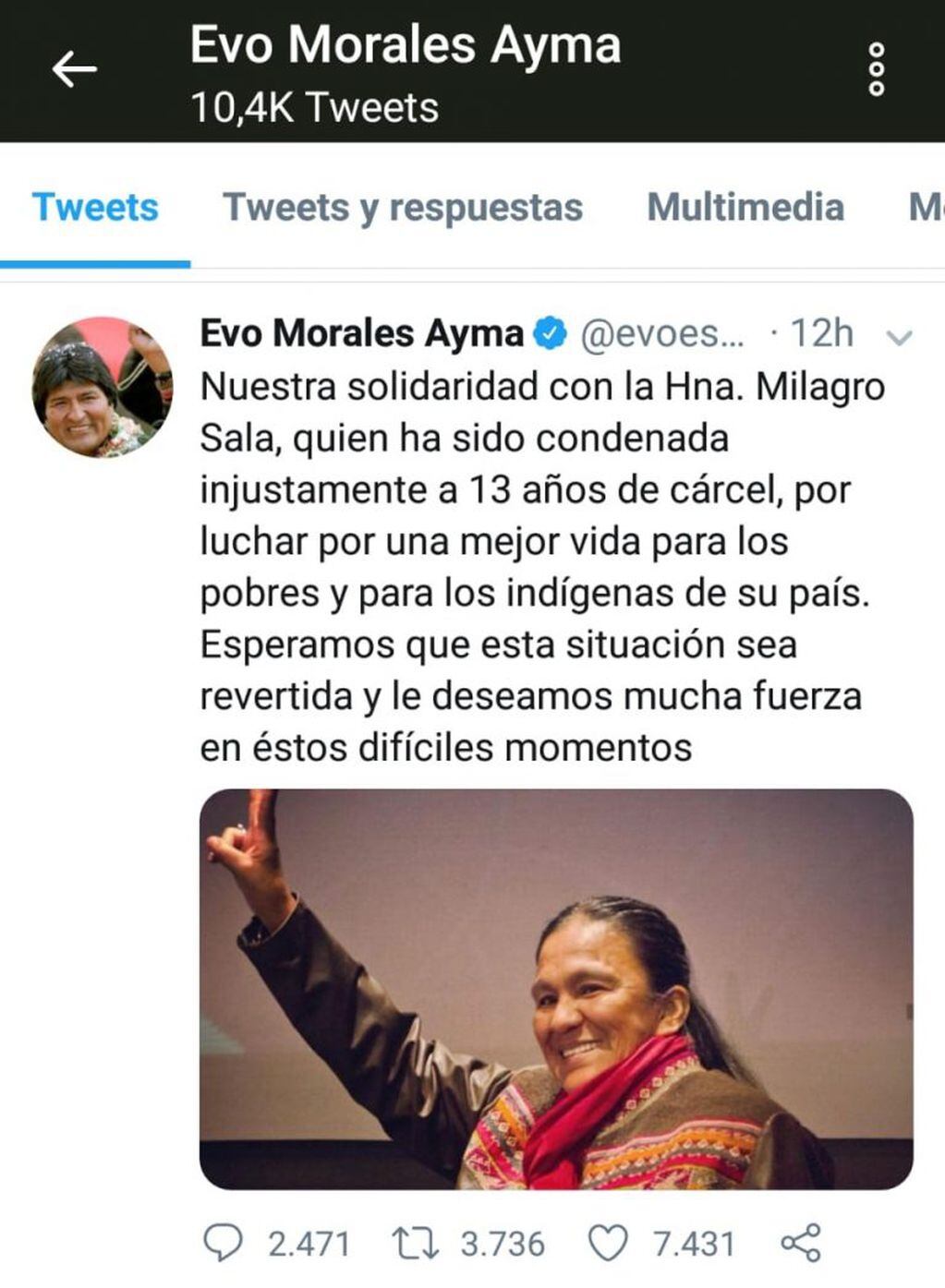 Declaraciones de Evo Morales en Twitter