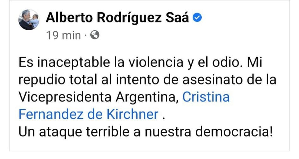 Alberto Rodríguez Saá repudió el intento de asesinato a CFK.
