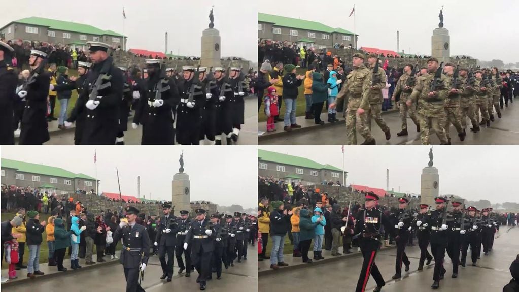 Secciones de las diferentes fuerzas, que se establecen en Malvinas, desfilaron ante el público residente de Puerto Argentino.