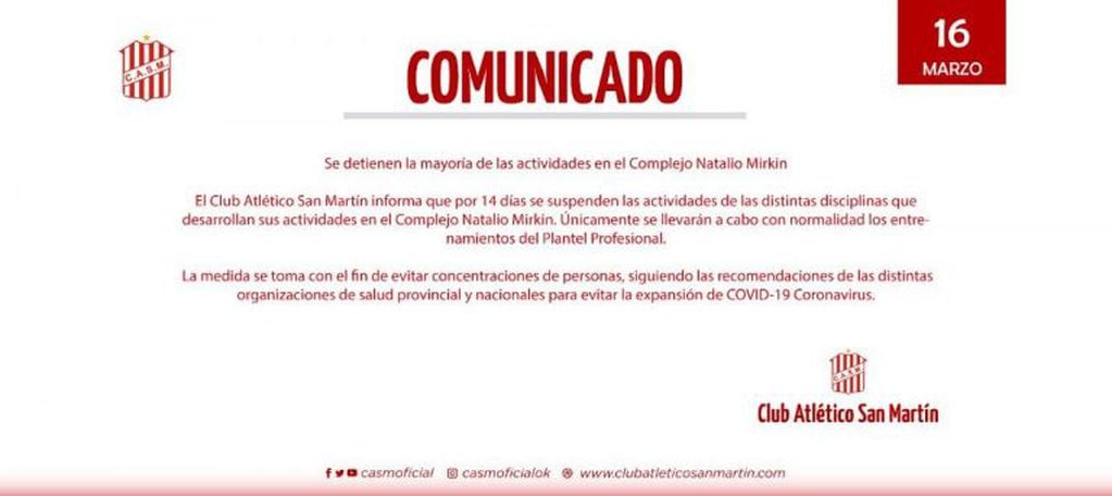 Comunicado de prensa deSan Martín de Tucumán.