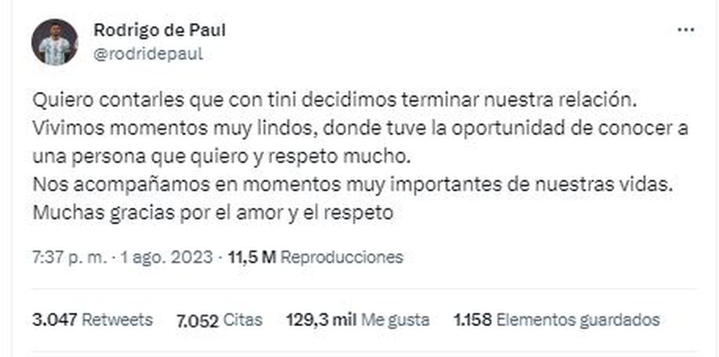 Rodrigo de Paul y Tini confirmaron su separación con un mensaje en sus redes.